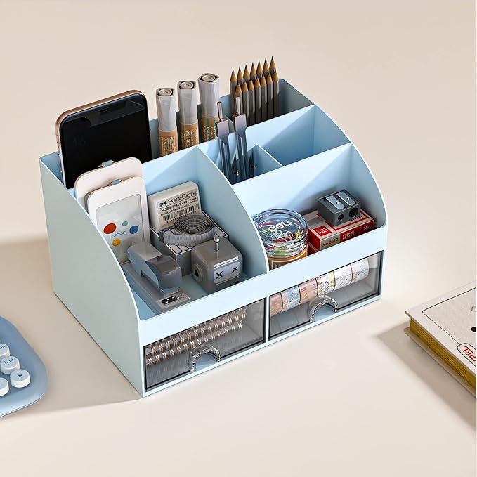 Desk Organizer with 6 Compartments and 2 Drawers, Plastic Makeup Organizer - Image 5