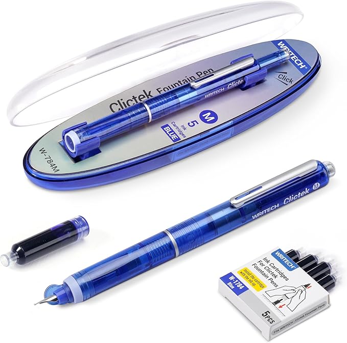 WRITECH Clictek Fountain Pen Retractable: Blue Ink Medium Nib Transparent Barrel by WRITECH