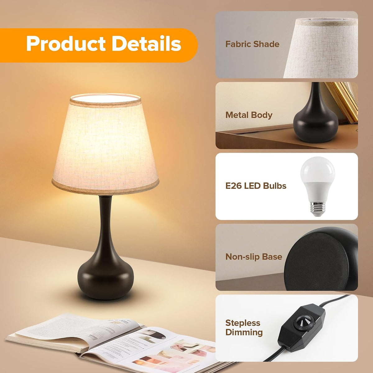 18" Bedside Lamps for Nightstand, 0-100% Dimmable Table Lamps