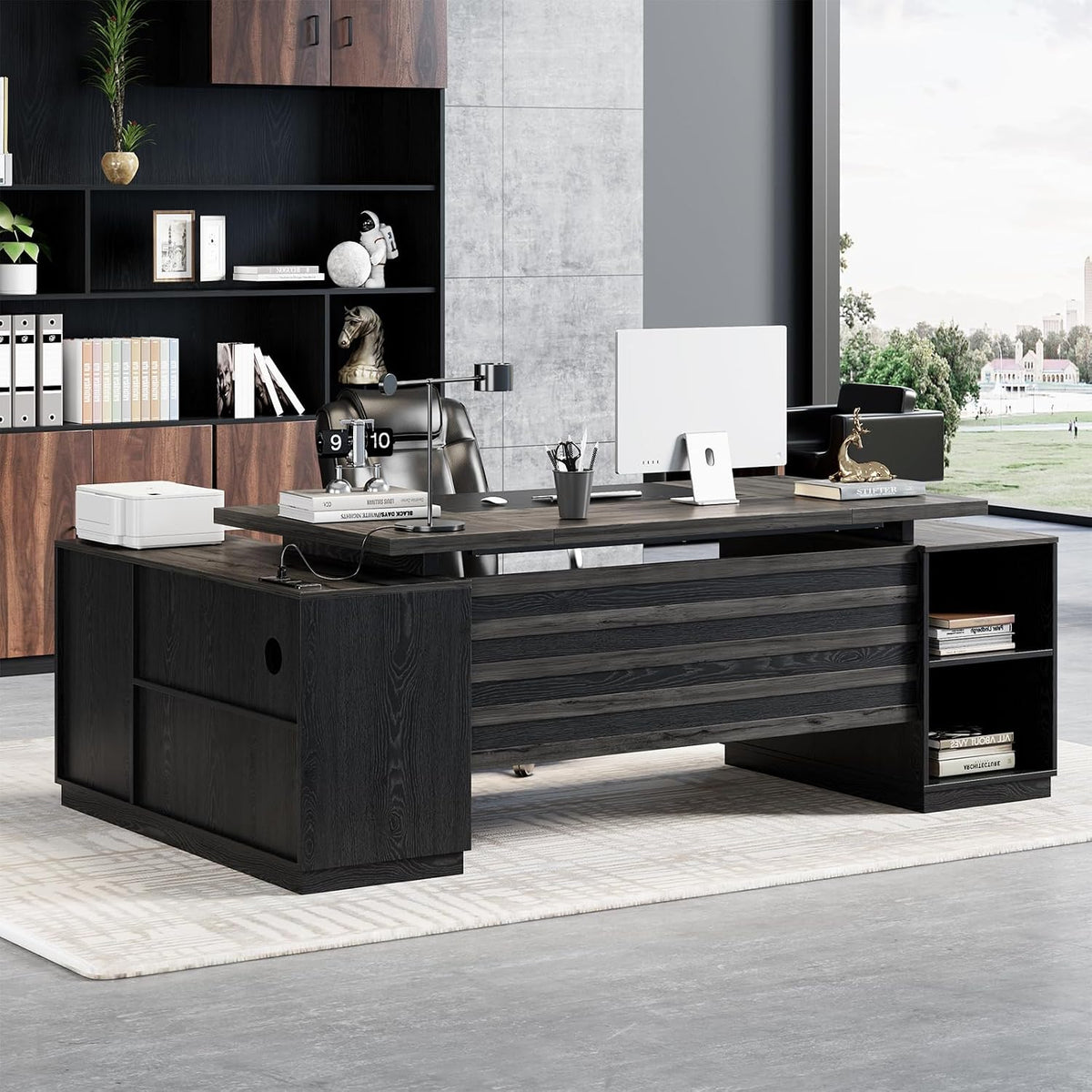 Epecoya L Shaped Desk with Drawers and Open Shelf 78-Inch, Grey Black