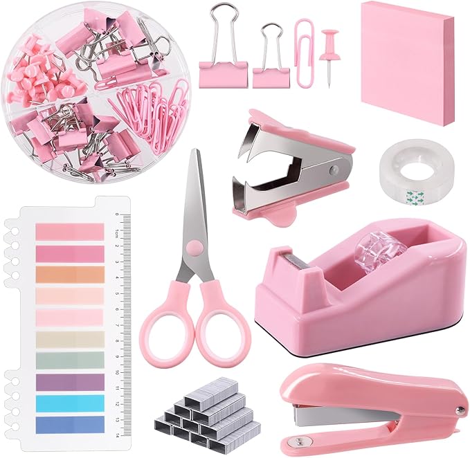 Swpeet 9Pcs Pink Office Supplies Kit, Desk Accessories Including Stapler by Swpeet