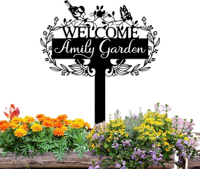 Custom Metal Garden Sign | Customized Butterfly Bird Garden Name Sign | by Dyoart