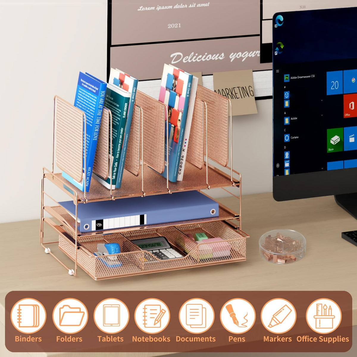leketree rose gold desk organizer, office organization with shown in use