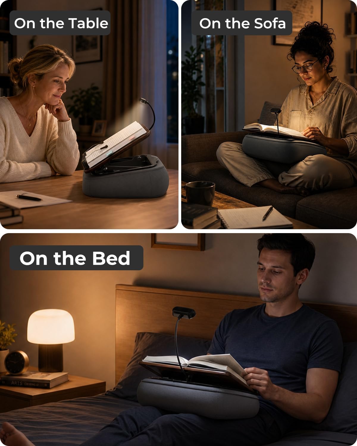 Lap Book Stand with Reading Light, Adjustable Book Holder Pillow for Bed & Couch, Hands-Free Reading Stand with Page Clips, Soft Lap Desk for Kindle, Tablet, Cookbook, Textbook Reading