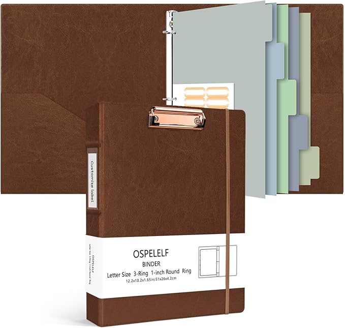 Ospelelf 3 Ring Binder with Clipboard, 1 Inch Leather, Letter Size, 5 Tab by OspelelfOfficeSupplies