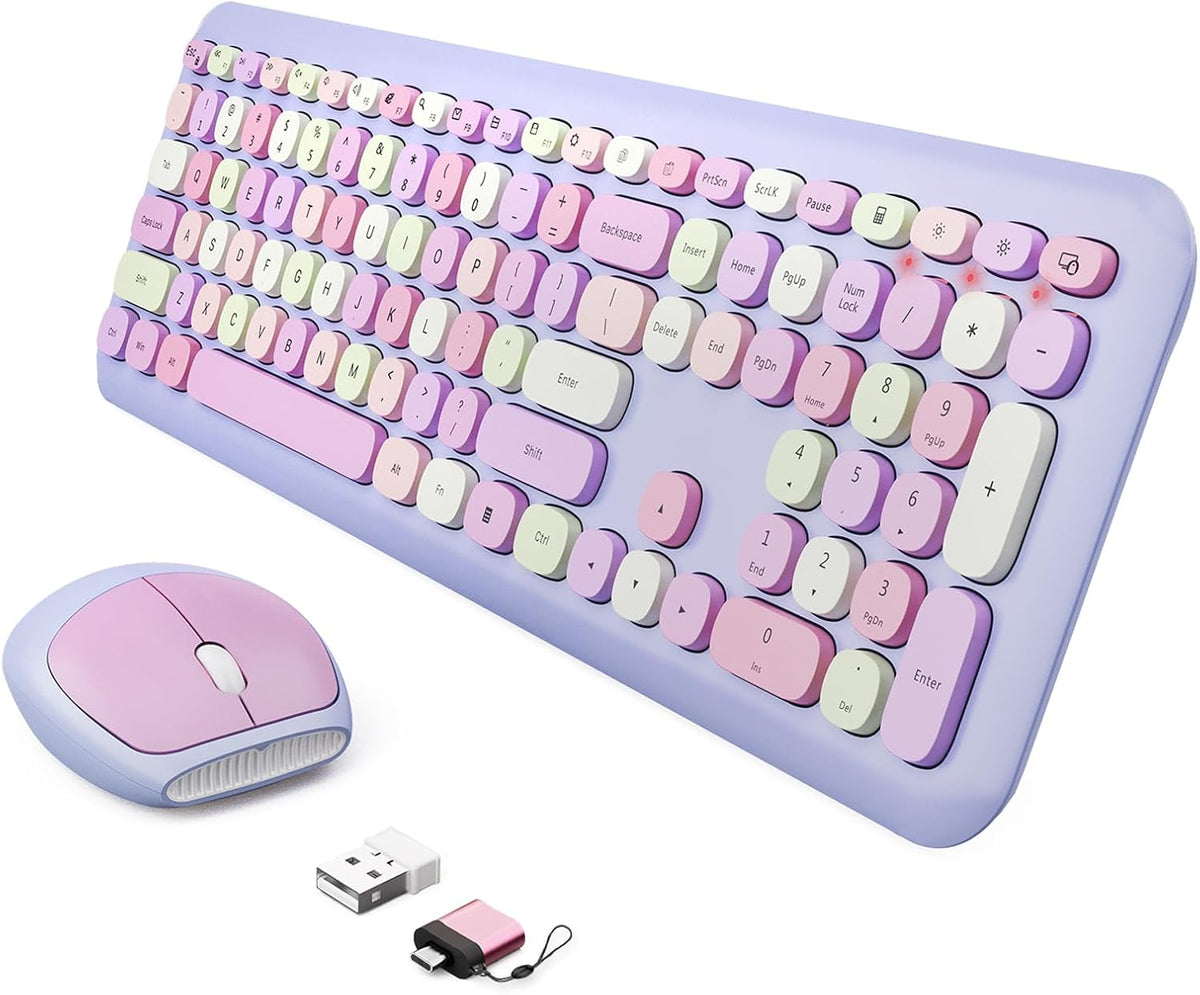 Wireless Keyboard and Mouse Combo, Colorful Ergonomic Full Size Retro Low-Noi...