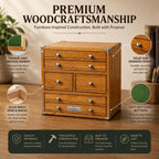 premium oak wood organizer chest, 6 drawer desktop, close-up detail