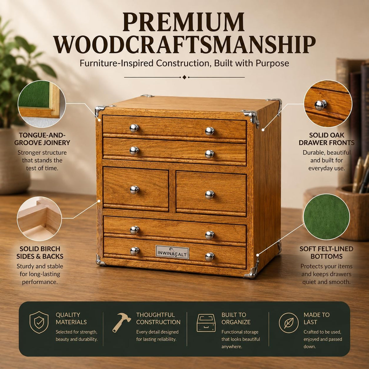 premium oak wood organizer chest, 6 drawer desktop, close-up detail