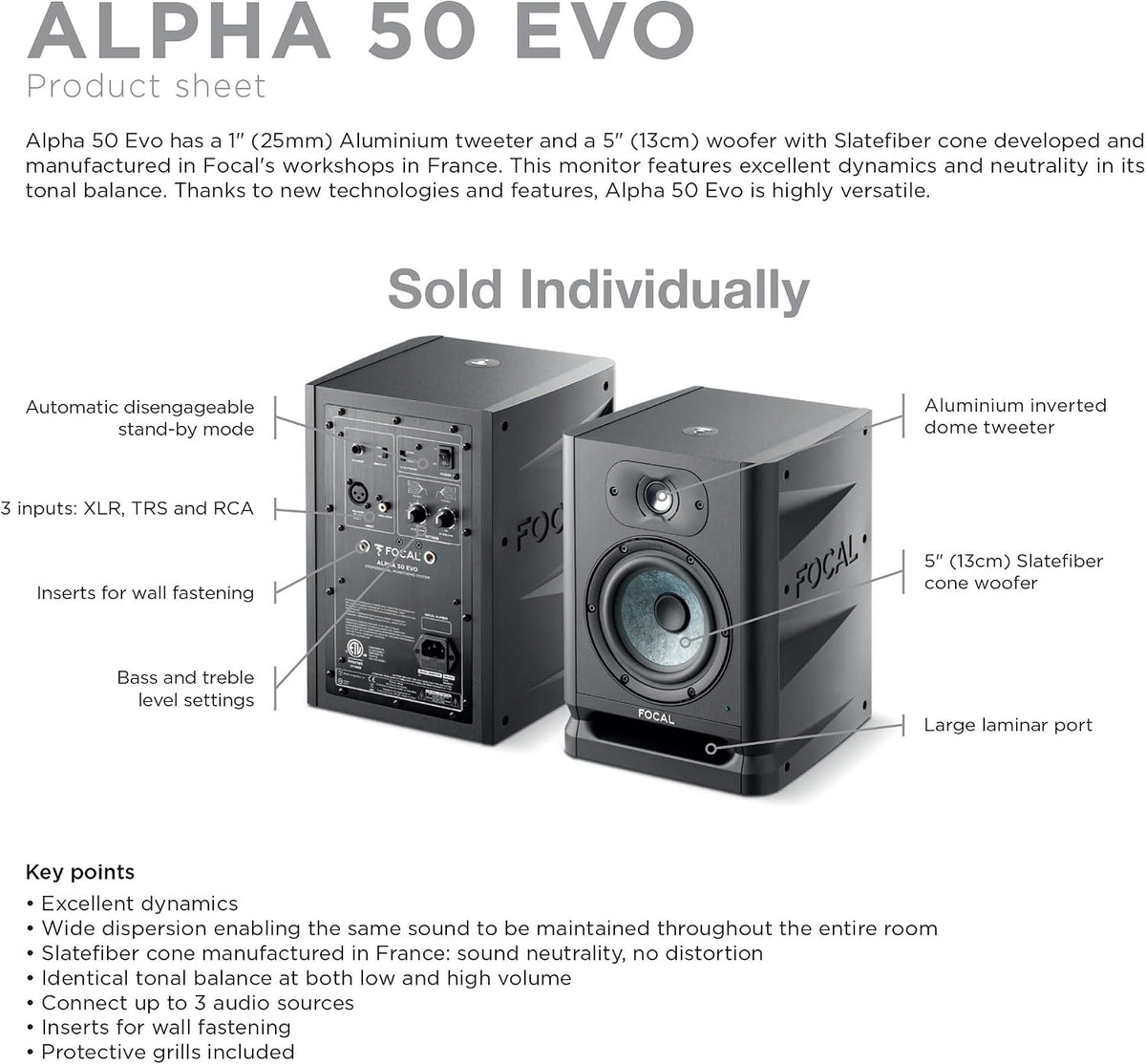 Focal Alpha 50 Evo – 5" Active 2-Way Studio Monitor, 60W RMS Bi-Amp, Sla...