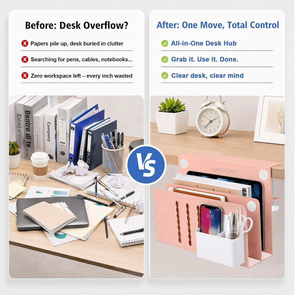 LUKETURE Desk Side Storage, 2 Tie Laptop Holder No Drill Clamp On Organizer