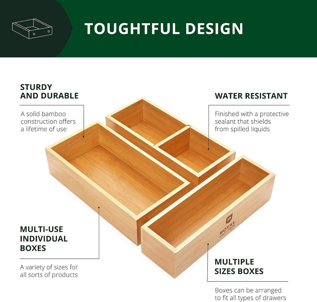 ROYAL CRAFT WOOD Luxury Bamboo Drawer Organizer Storage Box, Bin Set - Multi-...