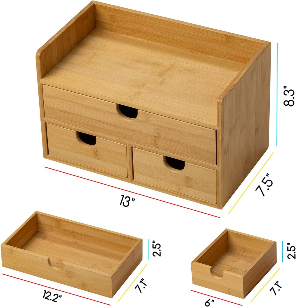 meeden bamboo desk organizer with drawers: storage container, close-up detail