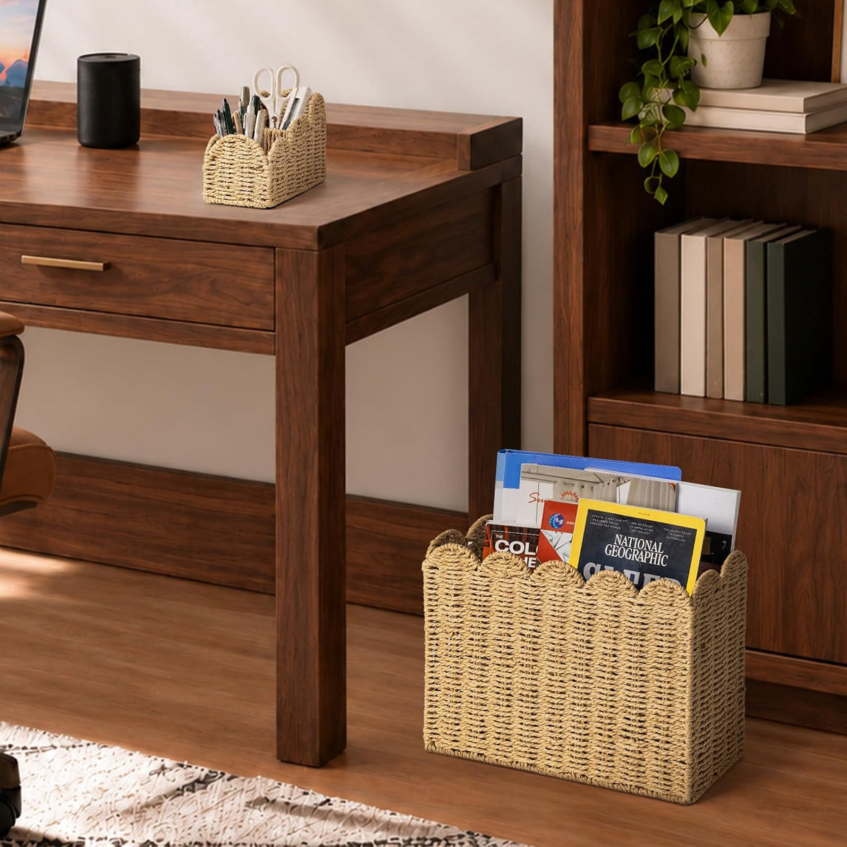 AELS Hand Woven Scalloped Basket Set, Magazine Rack & Remote Control Holder