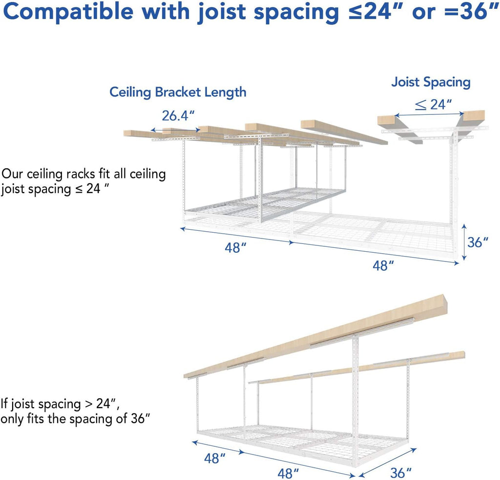 fleximounts 3x8 overhead garage ceiling storage rack organization showing dimensions