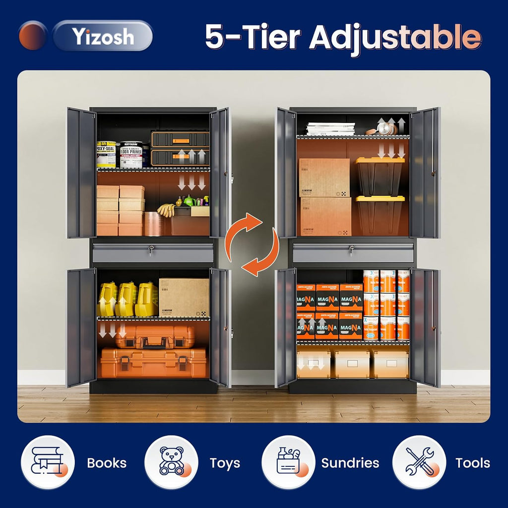 yizosh metal garage storage cabinet with locking doors showing dimensions