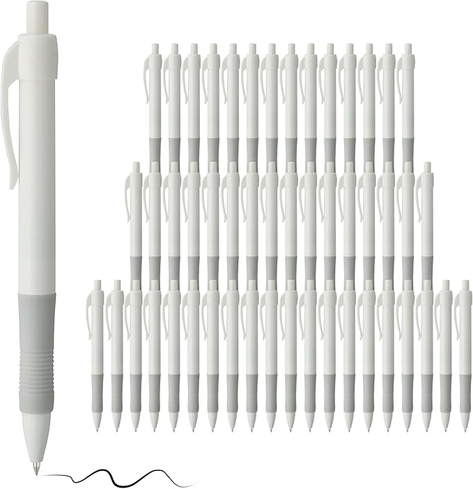 deegtran Pens Bulk, 50 Pack No Bleed White Barrel Black Ink Click Pens by DEEGTRANPENS