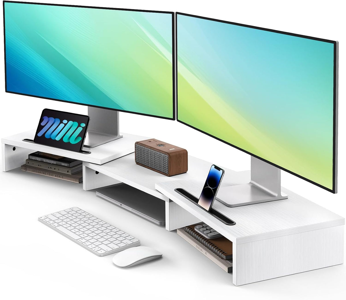 AMERIERGO Dual Monitor Stand Riser- 3 Shelf Screen Stand with Adjustable Leng...