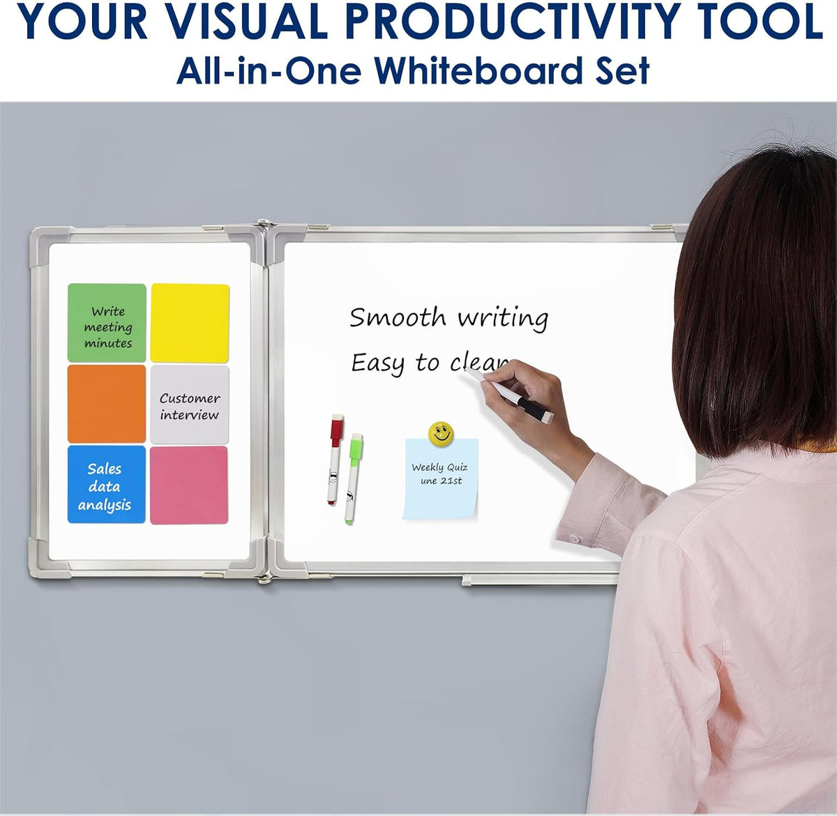 Whiteboard Set, 47x18 in White Board Dry Erase for Wall with Magnetic Notes