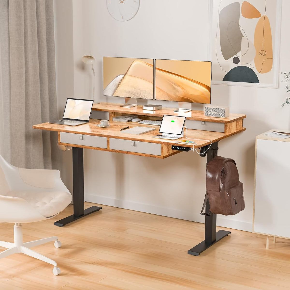 55 x 30 Inch Electric Standing Desk with 4 Drawers, Light Rustic