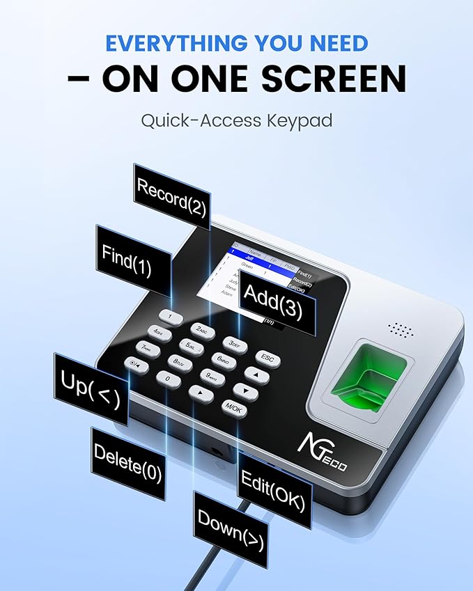 NGTeco Fingerprint & PIN Biometric Time Clock, Standalone Punch Machine - Image 9