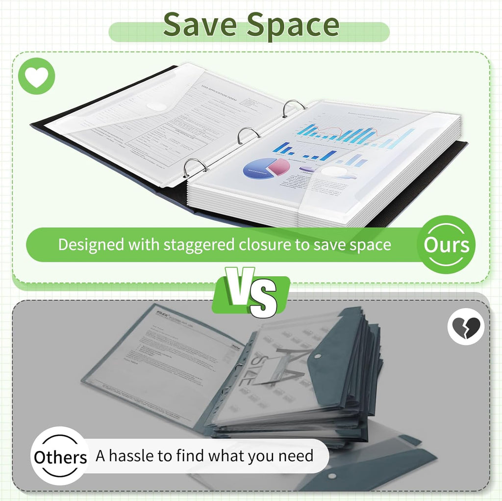 Sooez 30 Pack Binder Folders Pockets with Staggered Closures, Letter Size | Clear Binder Pockets for 3 Ring Binder, Space-saving Binder Organizer Sleeves, Binder Divider with Pockets, for School Office