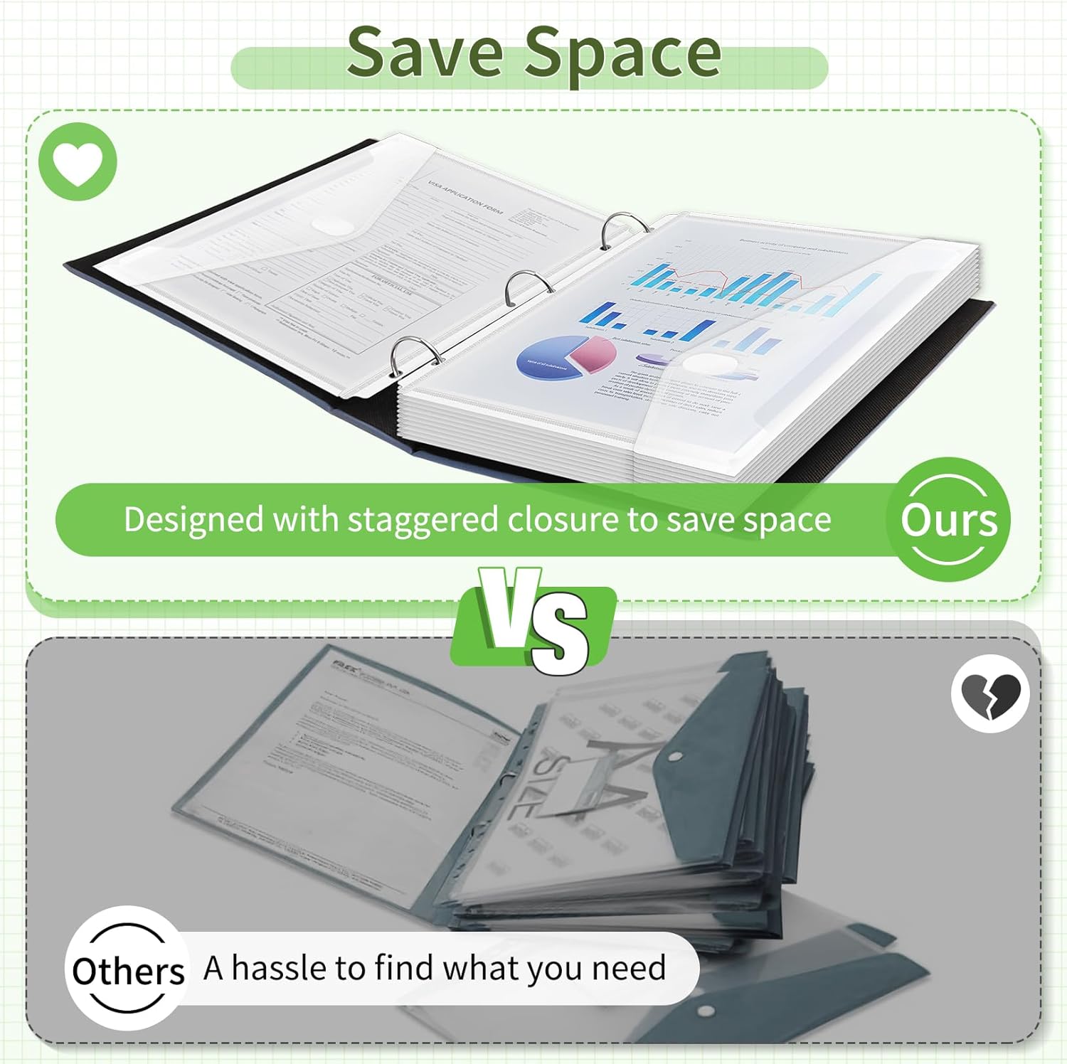 Sooez 30 Pack Binder Folders Pockets with Staggered Closures, Letter Size | Clear Binder Pockets for 3 Ring Binder, Space-saving Binder Organizer Sleeves, Binder Divider with Pockets, for School Office