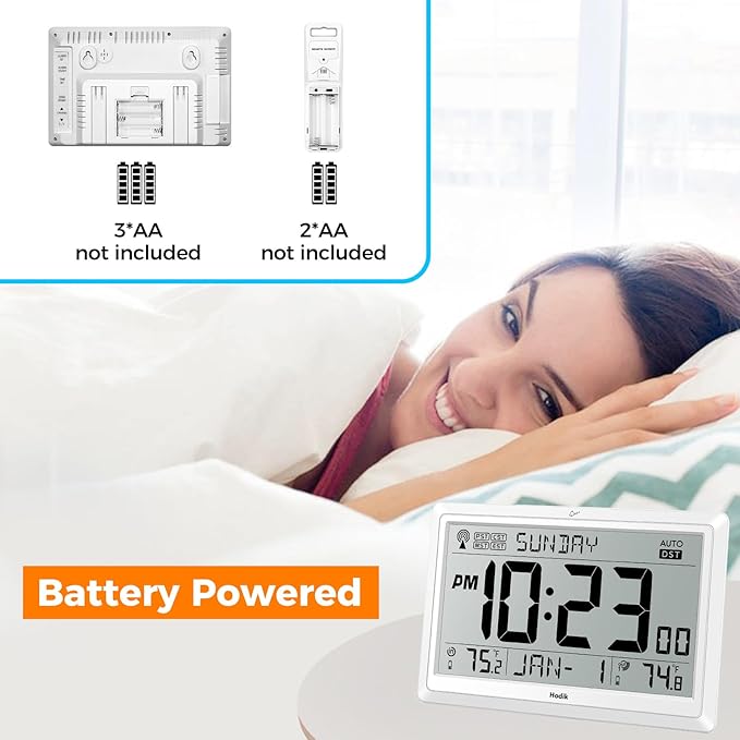 Wall Clock Atomic with Indoor Outdoor Temperature Battery Powered, Easy Reading - Image 3