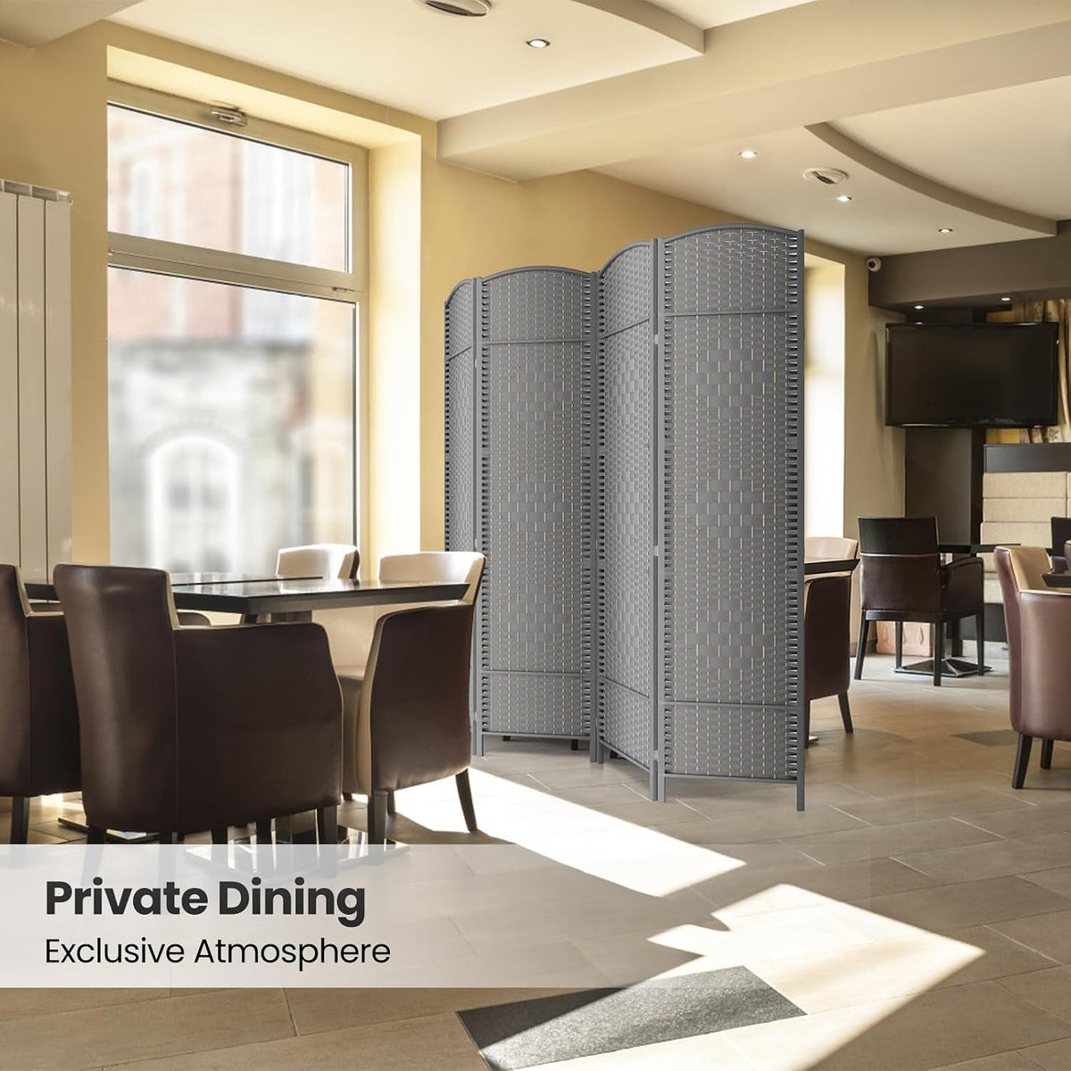 4 Panel Folding Room Divider,Woven Privacy Screen,Grey