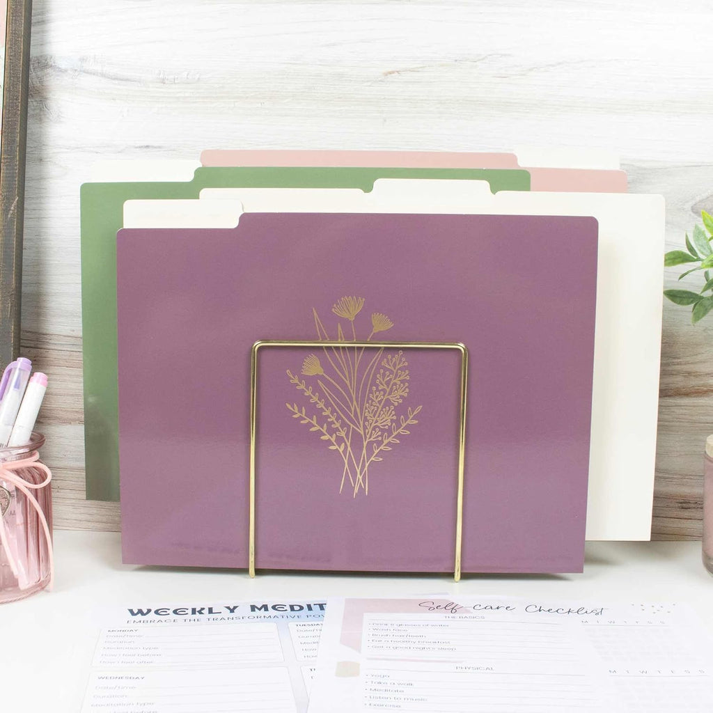 bloom daily planners Decorative File Folders - Set of 12 Letter Size (8.5” x 11”) Organizers, 1/3 Cut Tabs - Aesthetic Folders for School & Office - Gold Foil Florals