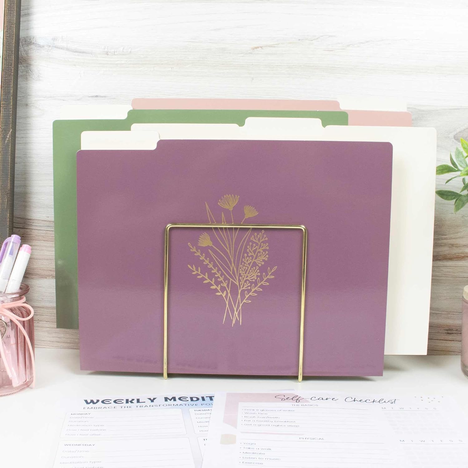 bloom daily planners Decorative File Folders - Set of 12 Letter Size (8.5” x 11”) Organizers, 1/3 Cut Tabs - Aesthetic Folders for School & Office - Gold Foil Florals