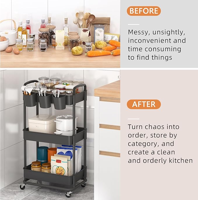 JIUYOTREE 3-Tier Plastic Rolling Storage Cart Utility Cart - Image 5