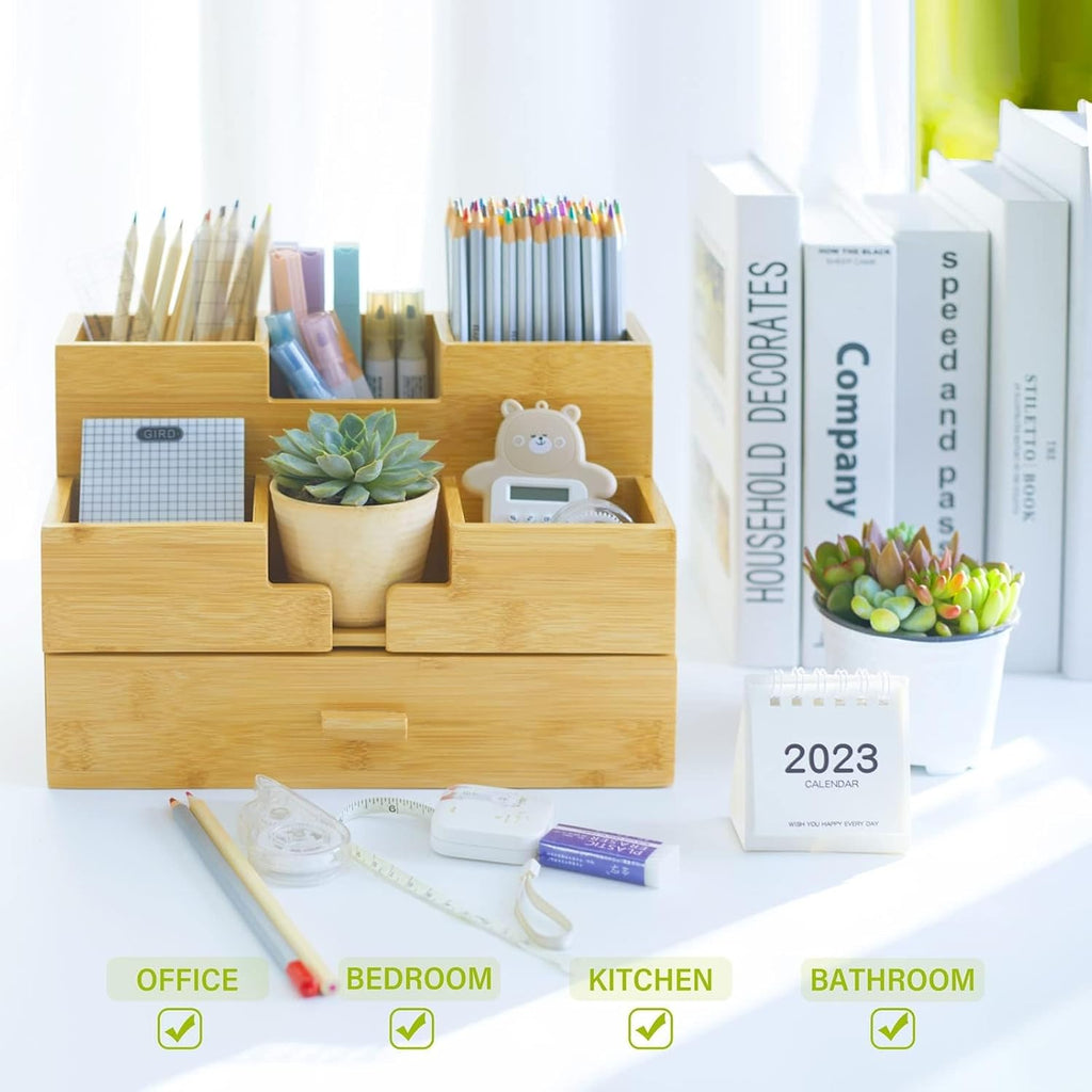 bamboo desk organizer - countertop drawers organizer tabletop, side view
