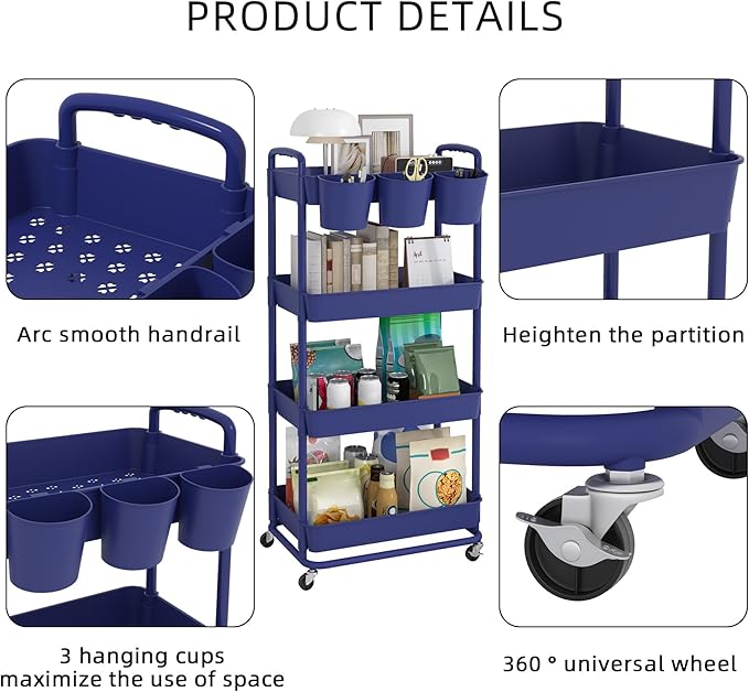 JIUYOTREE 4-Tier Plastic Rolling Storage Cart Utility Cart - Image 7