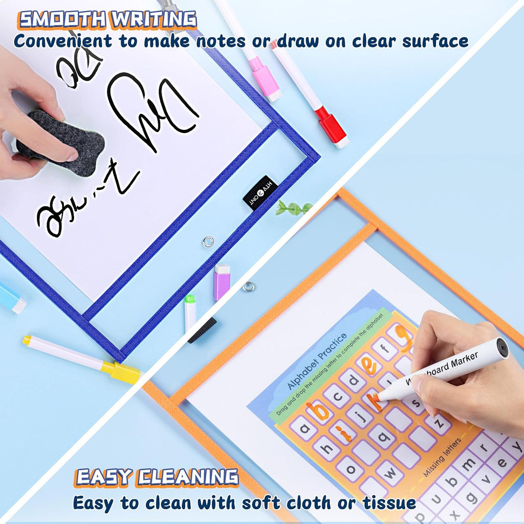 HTVRONT Oversized Dry Erase Pockets 10" x14", 30 Pack, for Classrooms | Back to School Supplies, Reusable Clear Sleeves with Rings, Plastic Sheet Protectors for Shops, Ticket Holders, Home & Office