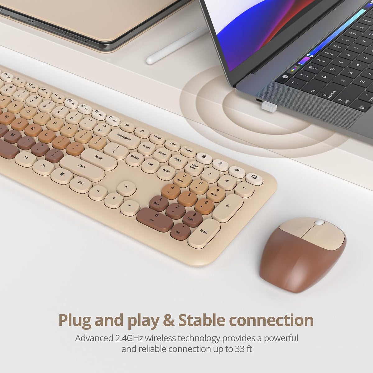 surmen Quiet Brown Keyboard and Mouse Wireless,Cute Neutral Keyboard,Coffee