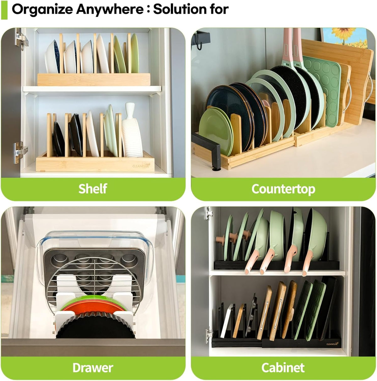Pots and Pans Organizer under Cabinet Expandable Bamboo Pot Lid Holder Rack