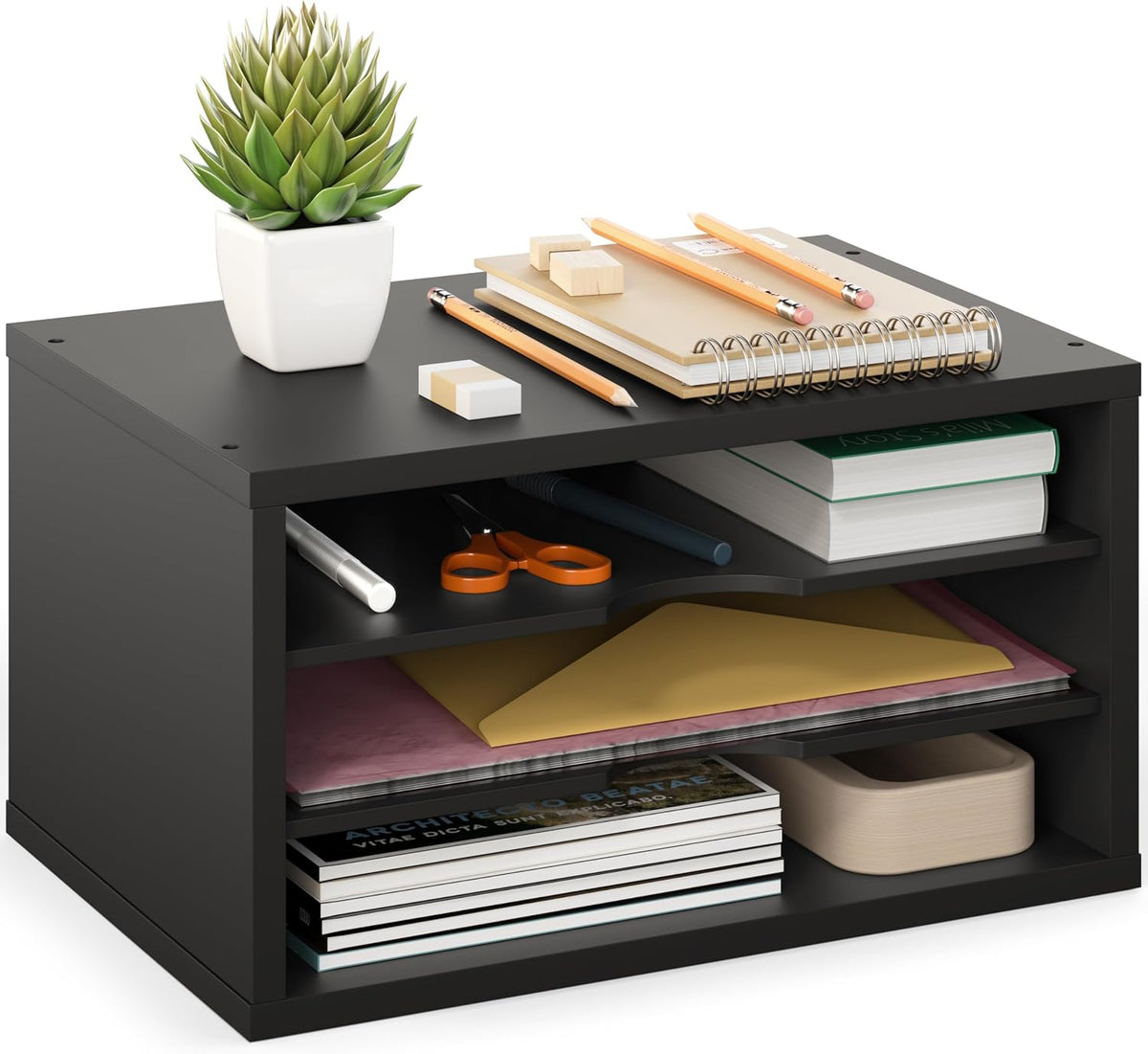 Ballucci File Organizer, 3-Tier Document Paper Sorter, Stackable Wood Desk Or...