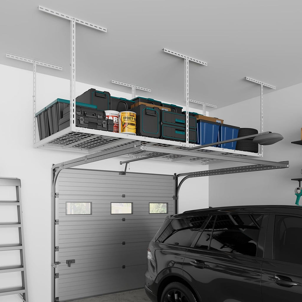 jusgym 3x8ft overhead garage storage rack, 26"-40" height, front angle view