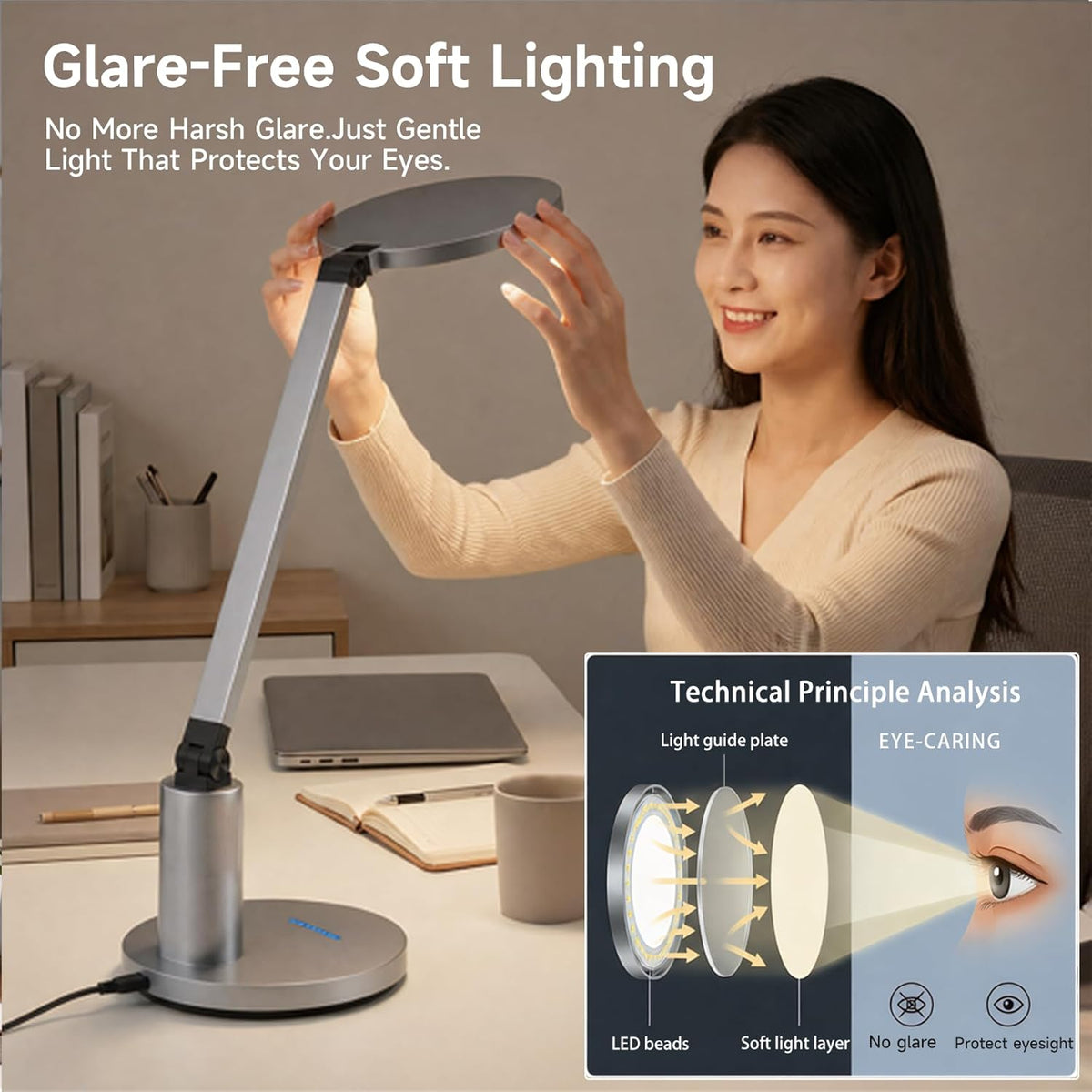 desk lamp for home office, eye-caring diffused table, side view
