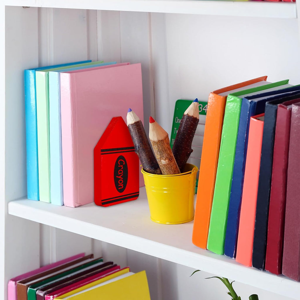 FYSUIMU 4Pcs Back to School Wood Bookends Non Skid Book Stoppers Colorful Crayon Shape Wooden Book Stands for Heavy Books Home Office School Library
