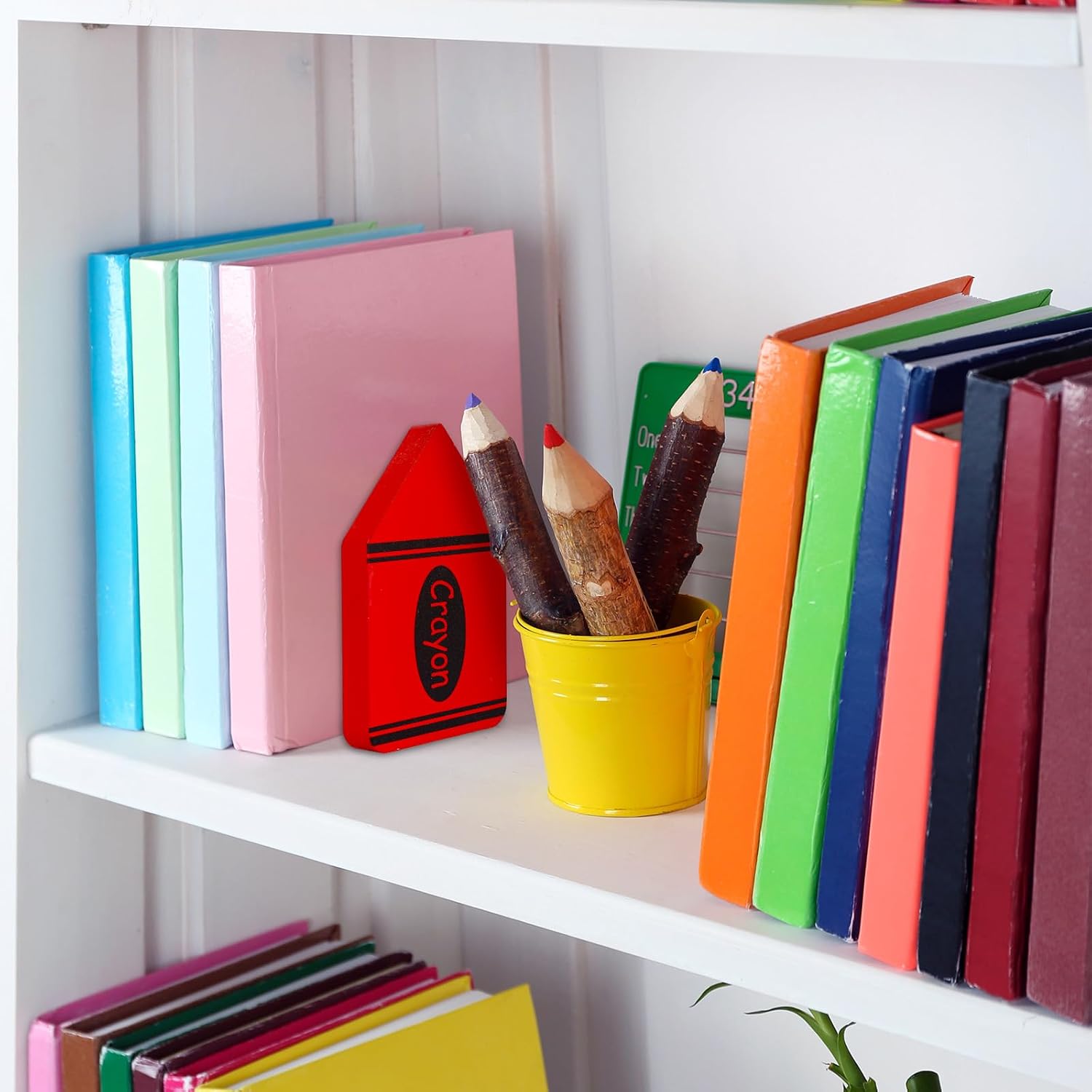 FYSUIMU 4Pcs Back to School Wood Bookends Non Skid Book Stoppers Colorful Crayon Shape Wooden Book Stands for Heavy Books Home Office School Library
