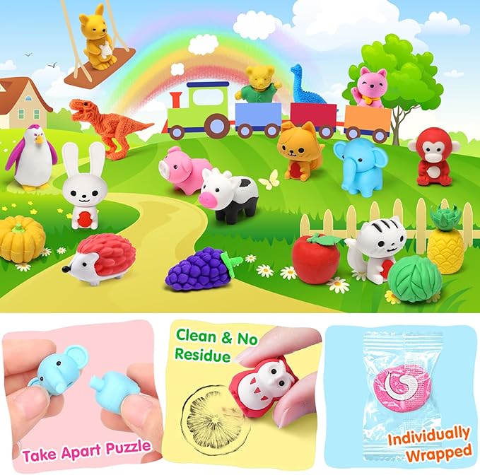 Palmatte 40PCS Mini Animal Erasers Kids Prizes Treasure Box Toys Classroom - Image 6