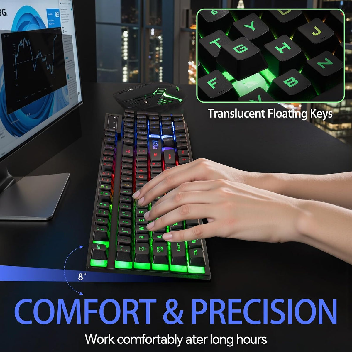 CHONCHOW USB Wireless Gaming Keyboard and Mouse Combo, RGB Backlit, 2.4GHz