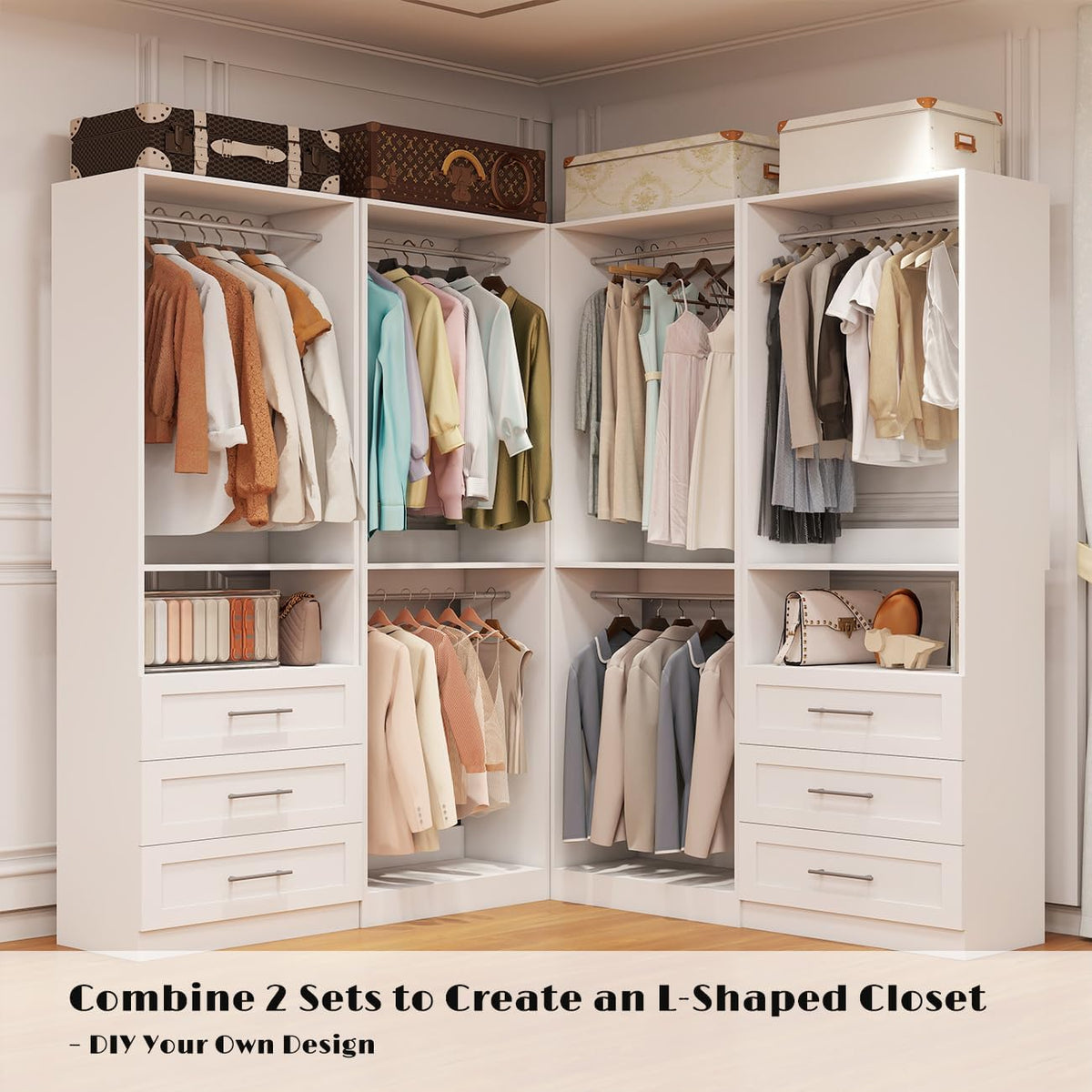 Closet System with 3 Drawers, 4FT-10FT Closet Organizer Systems with 5 Hangin...