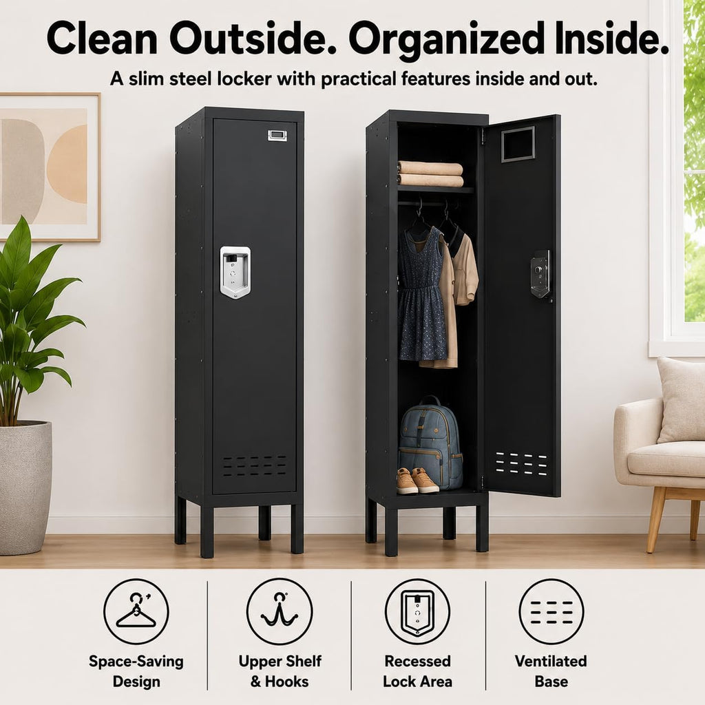 BUTISOW Lockable Metal Storage Locker with Card Slot (15" W x 15" D) Durable Storage Cabinet, Lockers for Employees & Kids, Fits Bedroom Gym School & Office (Black, 54" - 1 Door)