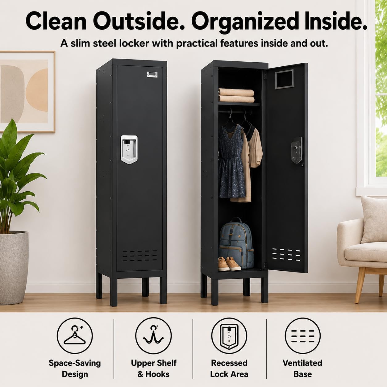 BUTISOW Lockable Metal Storage Locker with Card Slot (15" W x 15" D) Durable Storage Cabinet, Lockers for Employees & Kids, Fits Bedroom Gym School & Office (Black, 54" - 1 Door)