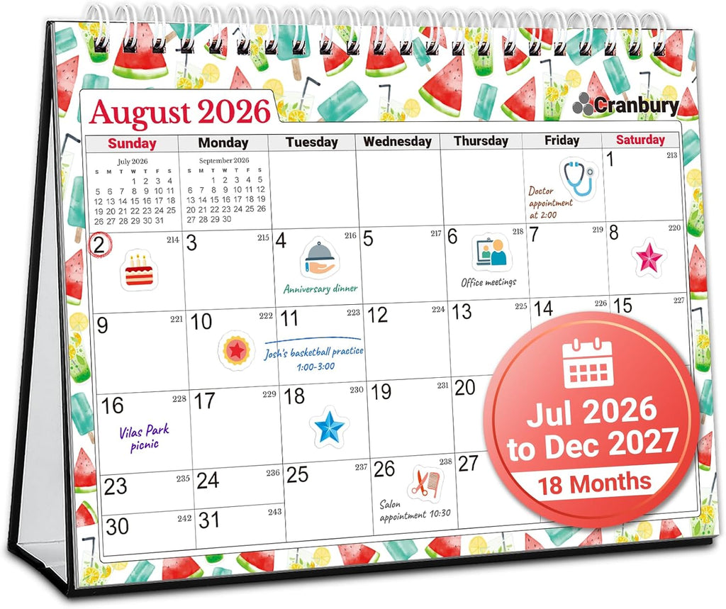 CRANBURY 2026-2027 Small Desk Calendar 8x6, Standing Flip Calendar | Compact 8x6 desktop calendar features monthly layouts with large writing blocks for schedules and reminders.