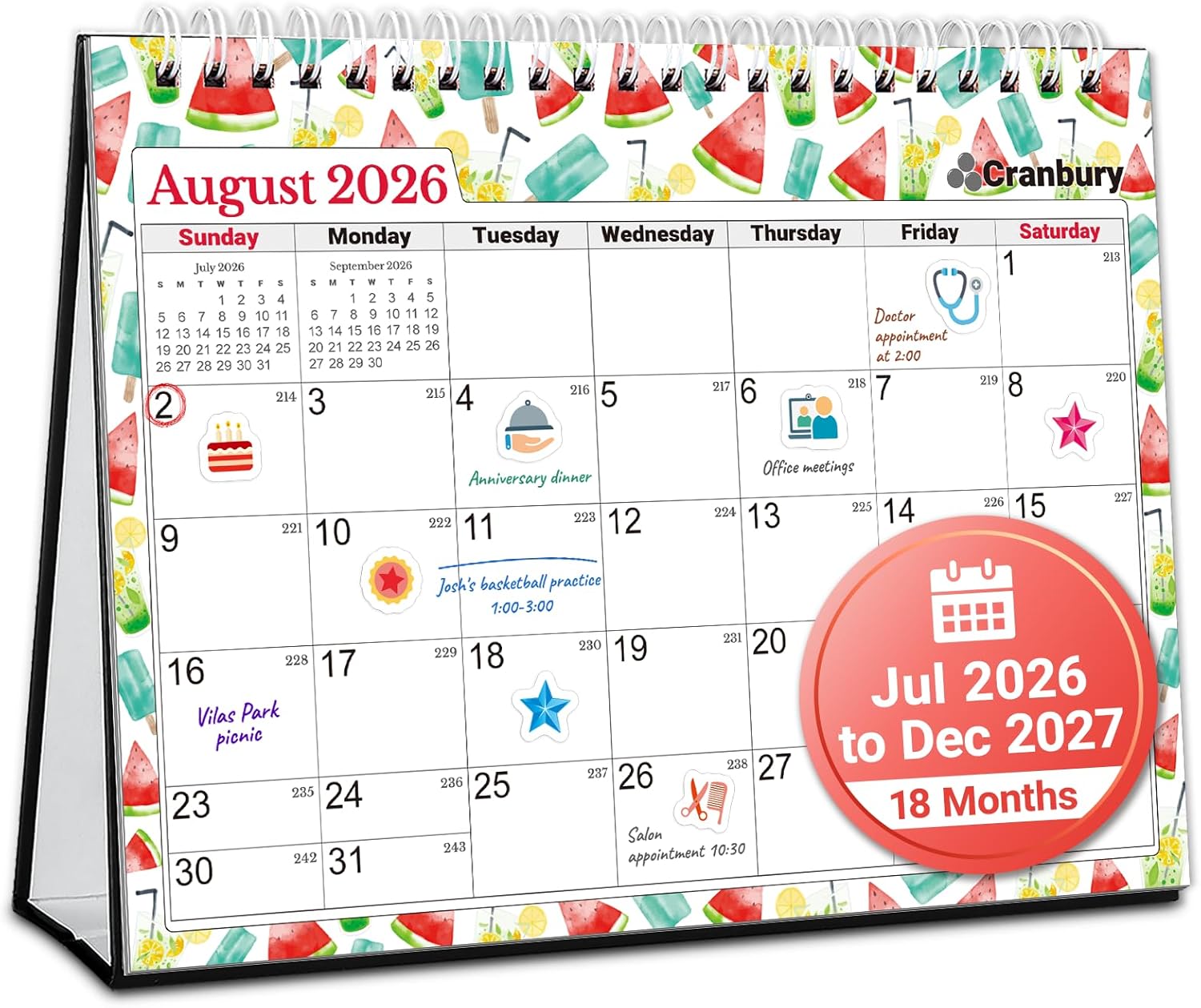 CRANBURY 2026-2027 Small Desk Calendar 8x6, Standing Flip Calendar | Compact 8x6 desktop calendar features monthly layouts with large writing blocks for schedules and reminders.