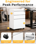 fully assembled 3-drawer mobile file cabinet with lock showing dimensions