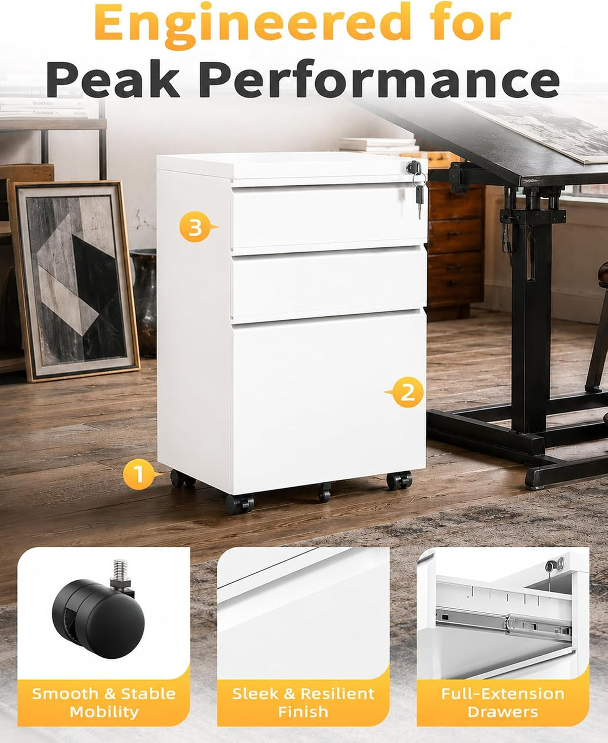 fully assembled 3-drawer mobile file cabinet with lock showing dimensions
